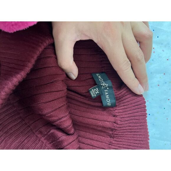 Almost Famous Burgundy Ribbed Midi Skirt 2X – Button Side Detail, Stretchy Knit - Picture 5 of 5